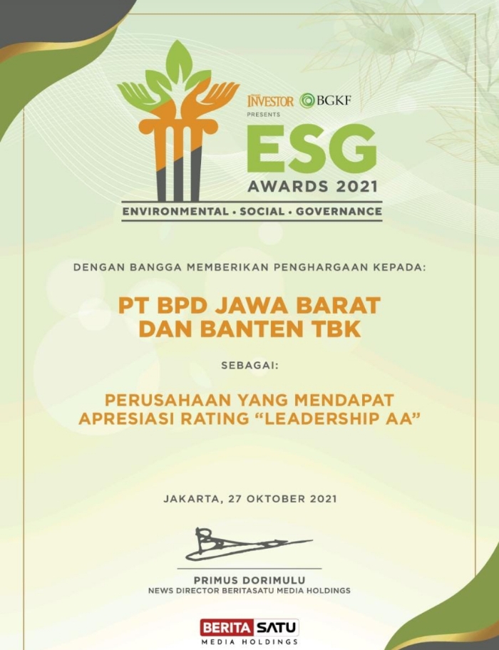 Bank Bjb Raih Penghargaan ESG Disclosure Award 2021 Versi Majalah Investor.