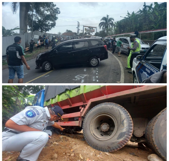 Rem Truk Tronton Blong Tabrak Tiga Mobil Dan Empat Sepeda Motor.